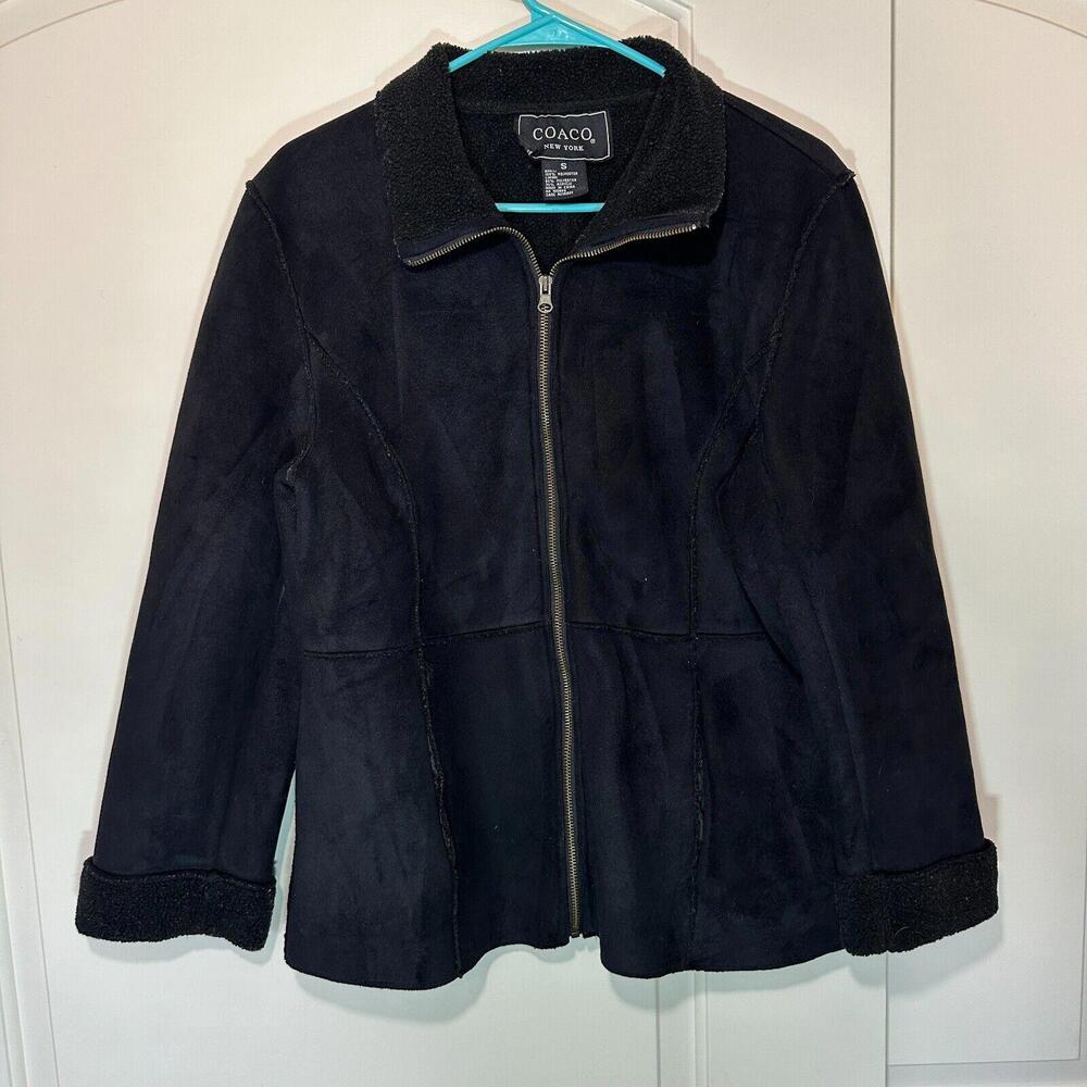 Coaco New York Women's Jacket L Black Faux Fur Suede Fleece Zipper Small Vintage